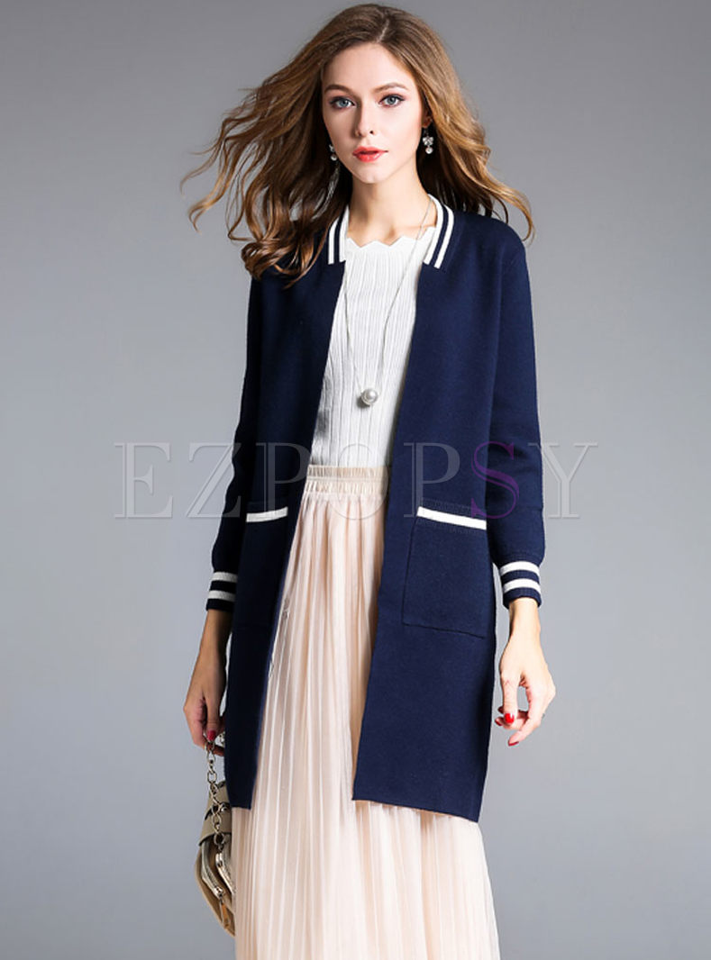 Hit Color Loose Long Sleeve Knitted Coat