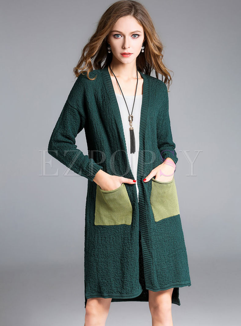 Hit Color Pockets Slit Long Sleeve Knitted Coat