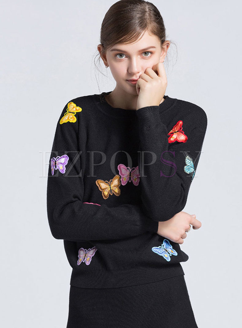 Butterfly Embroidered Long Sleeve Knitted Sweater