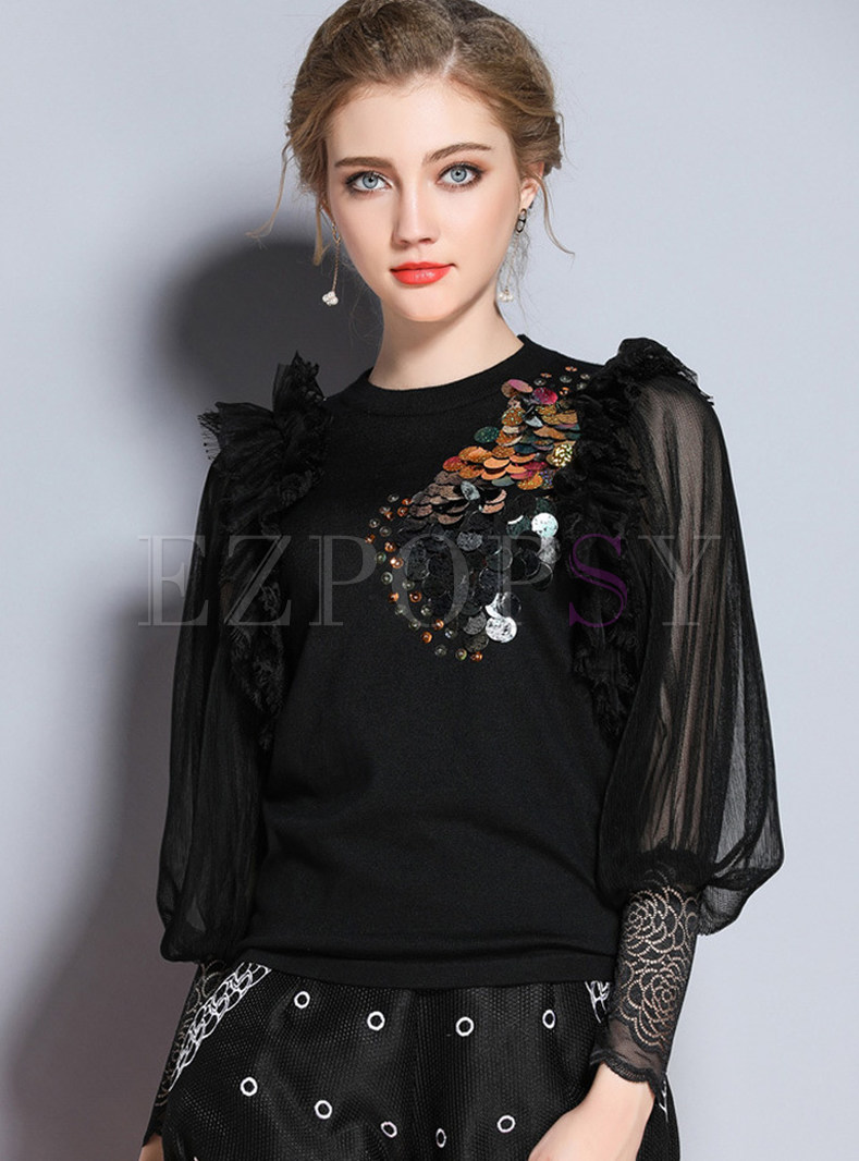 Black Fashion Paillette-embellished Patchwork O-neck Sweater