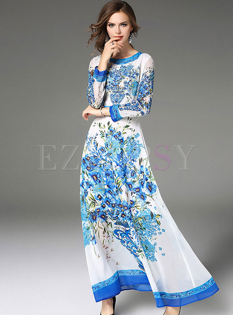 Blue Floral Print Long Sleeve A-line Maxi Dress
