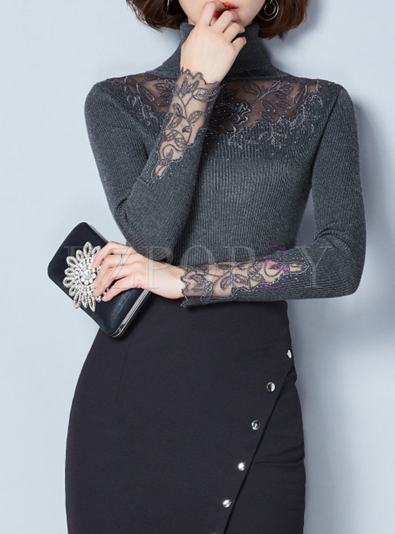 Lace Splicing Turtle Neck Slim Knitted T-Shirt