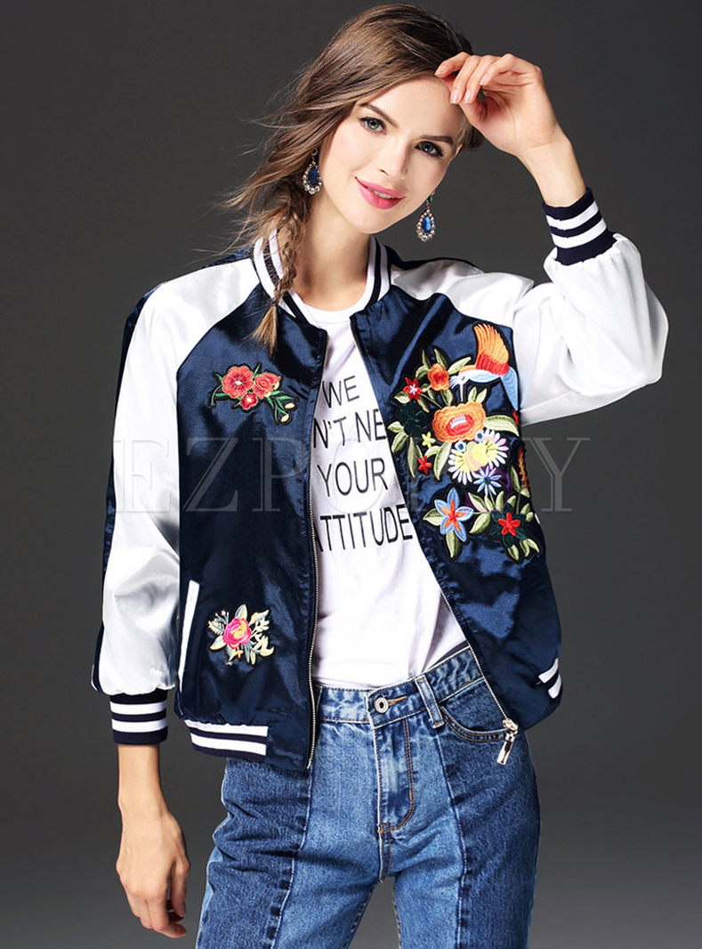 Street Embroidery Stand Collar Short Coat