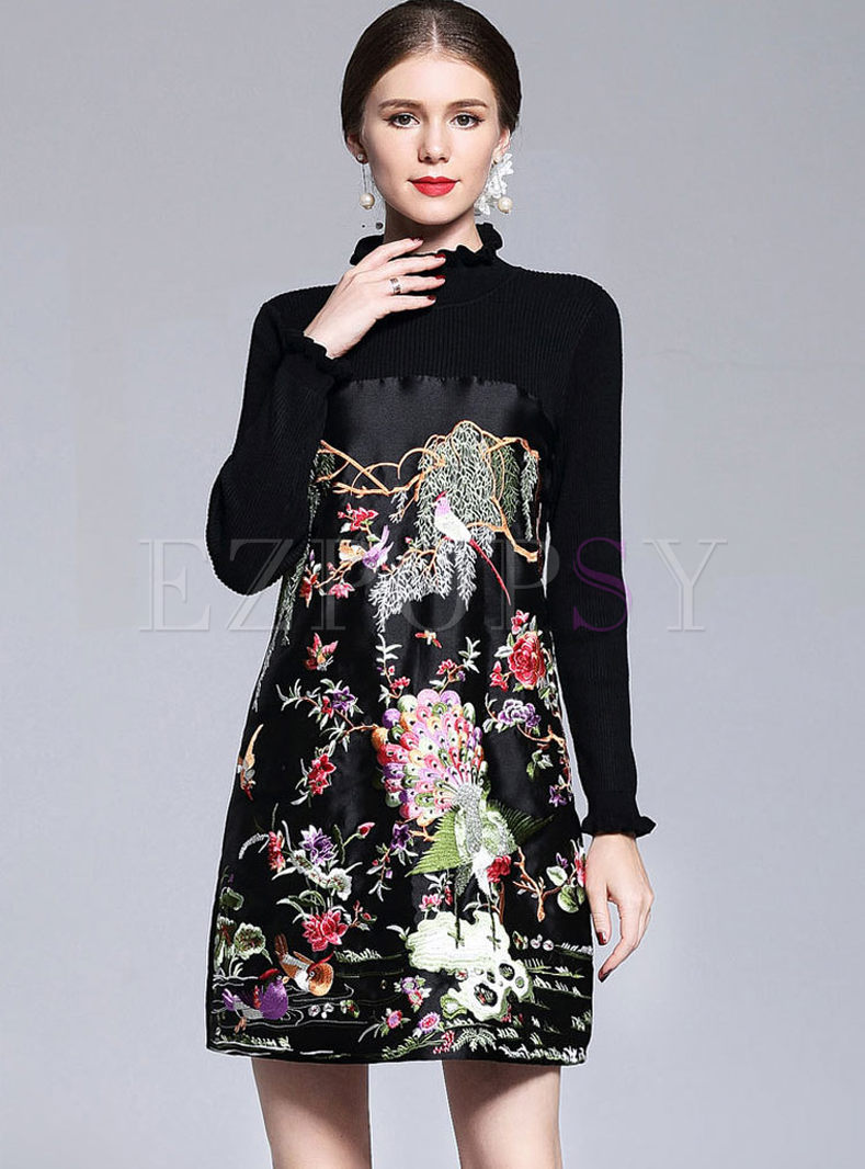 Vintage Embroidery Stand Collar Knitted Splicing Shift Dress