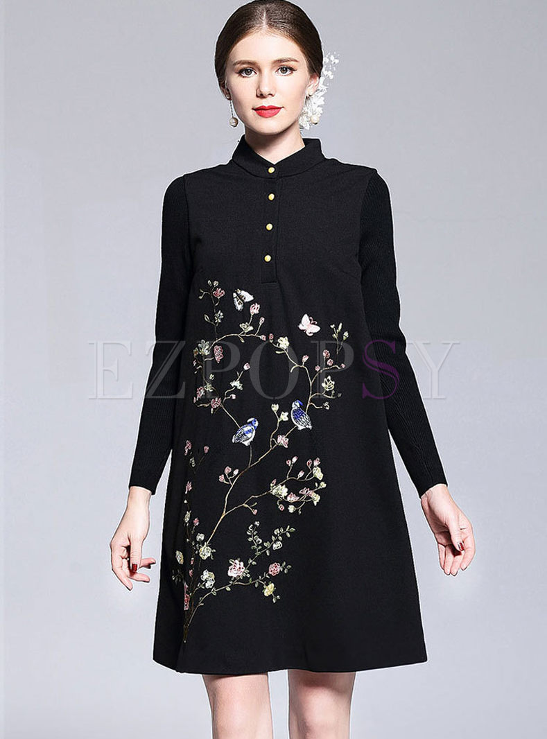 Ethnic Embroidery Knitted Stitching Loose Shift Dress