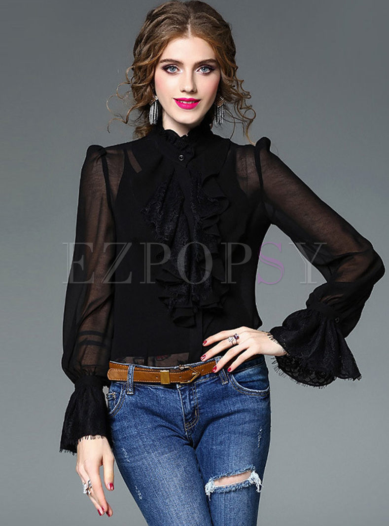 Sweet Stand Collar Flare Sleeve One-piece Blouse With Camis