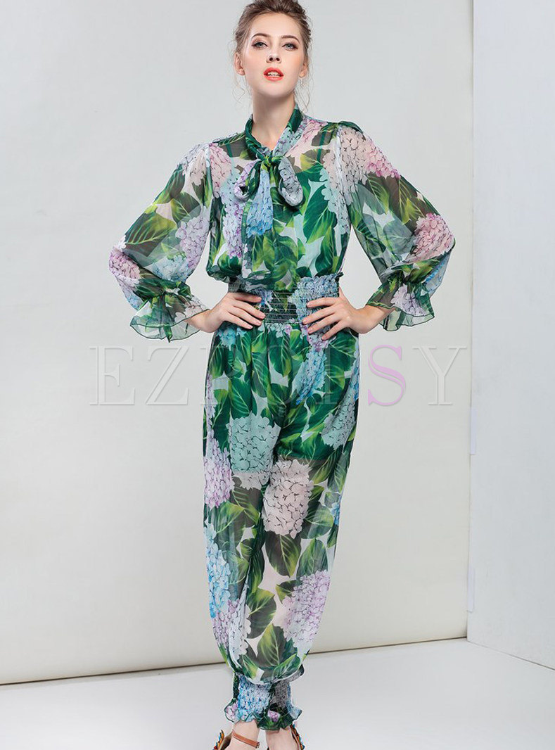 Fashion Green Floral Gathered Waist Two-piece Outfits