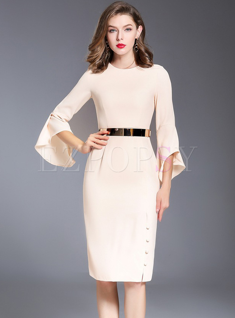 Elegant Flare Sleeve Buttoned Bodycon Dress