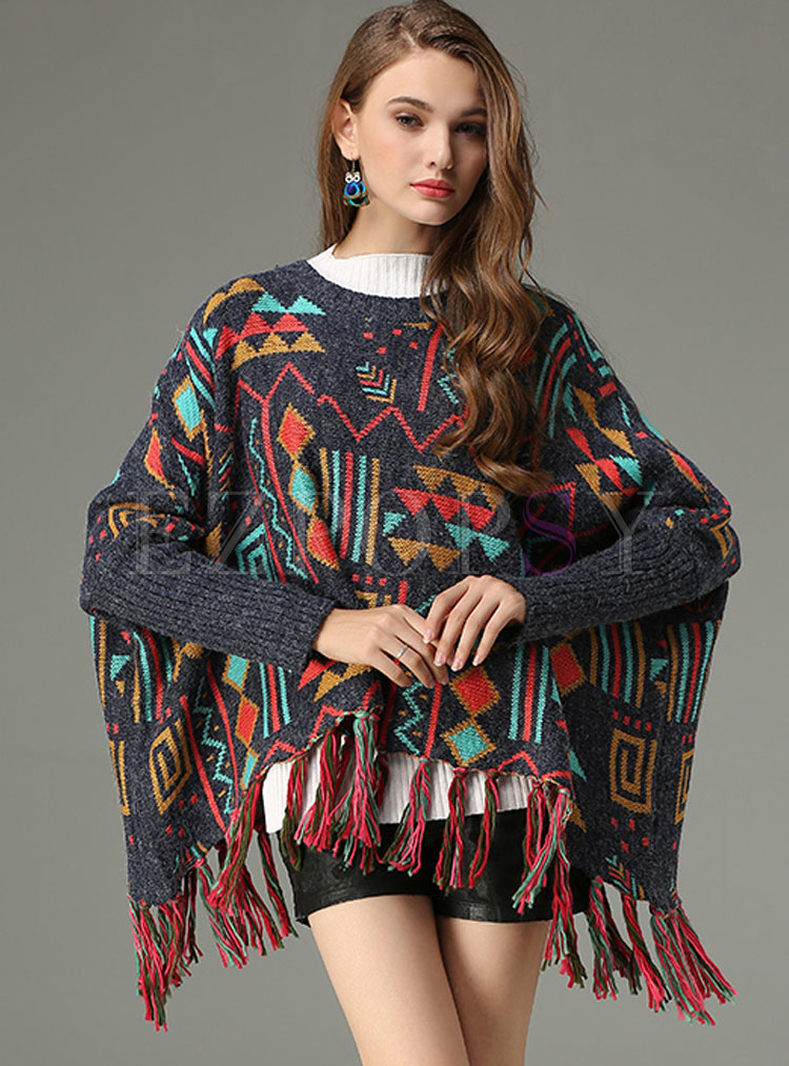 Tops | Kimonos | Geometric Pattern Jacquard Tassel Thick Loose Kimono