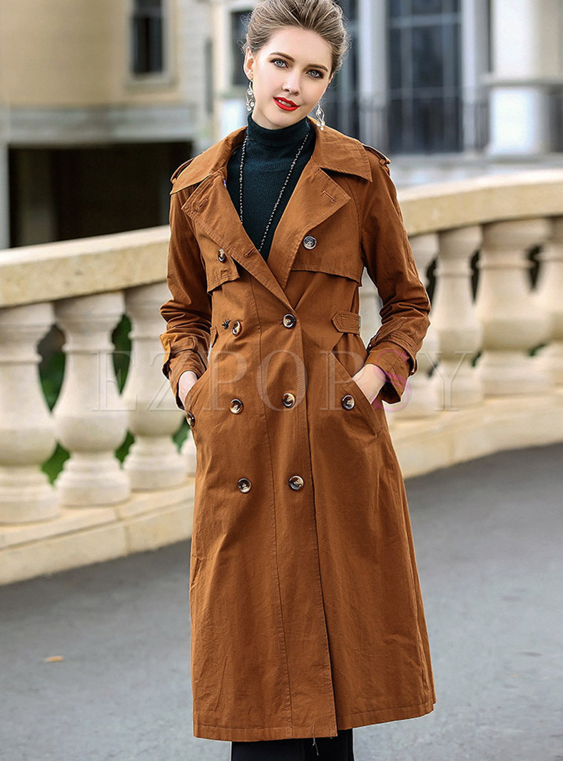 Brown Fashion Double-breasted Tie Waist Trench Coat