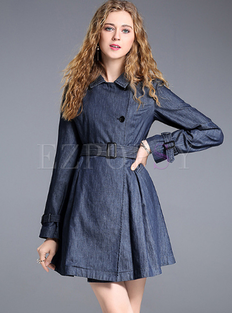 Brief Denim Belted A-line Trench Coat