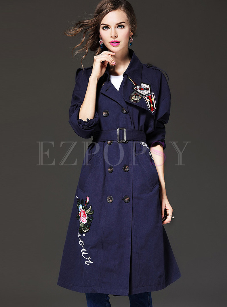 Fashion Embroidery Double-breasted Belted Trench Coat