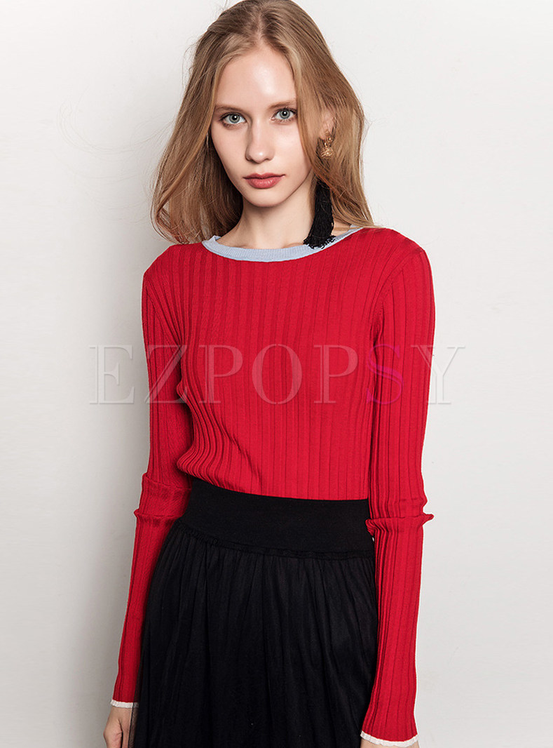 Red Brief O-neck Slim Sweater