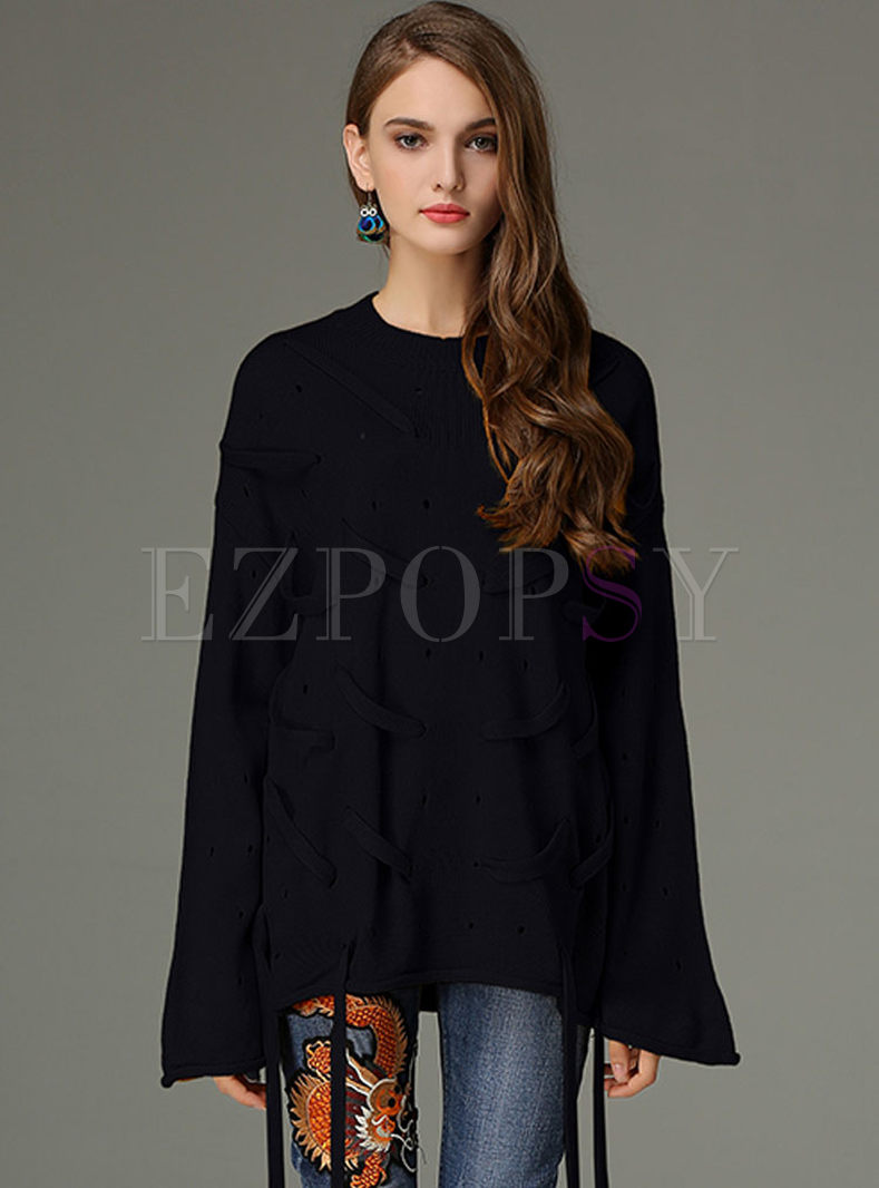 Hollow Out Flare Sleeve Loose Knitted Sweater
