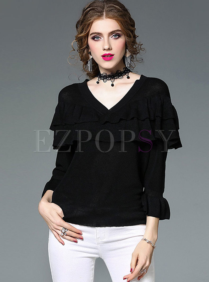 Sweet V-neck Loose Knitted Top