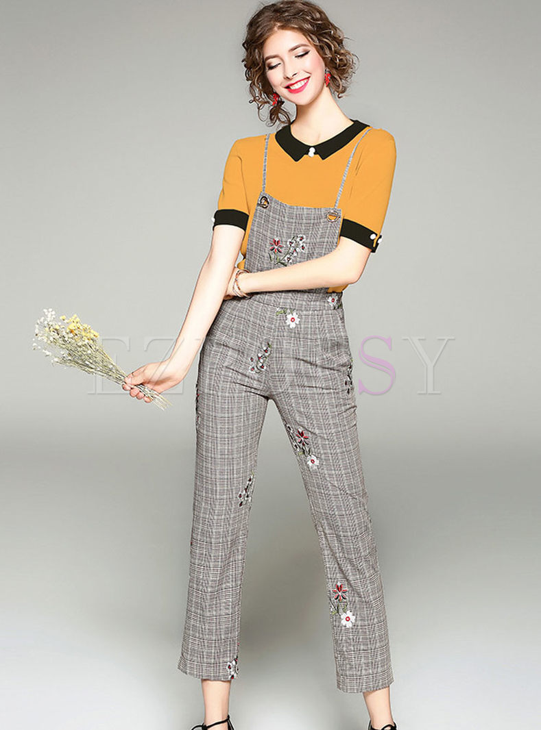 Short Sleeve Knitted Sweater & Embroidered Plaid Overalls 