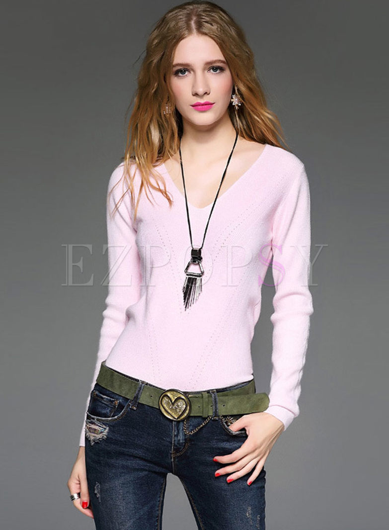 Sexy V-neck Long Sleeve Slim Knitted Sweater