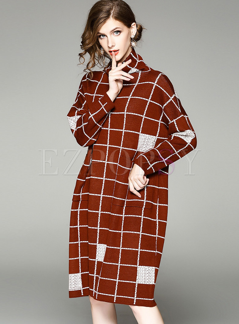 Brown Casual Checked High Neck Knitted Dress