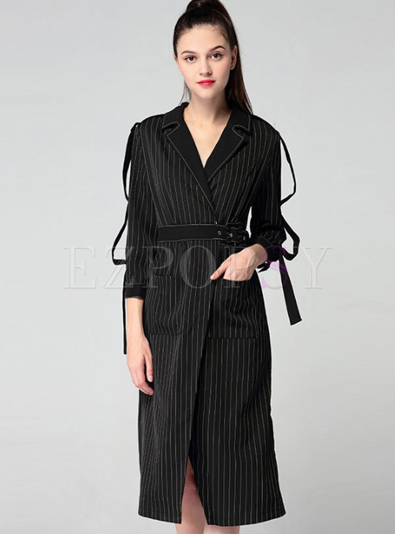 Stylish Vertical Striped Tie Waist Trench Coat