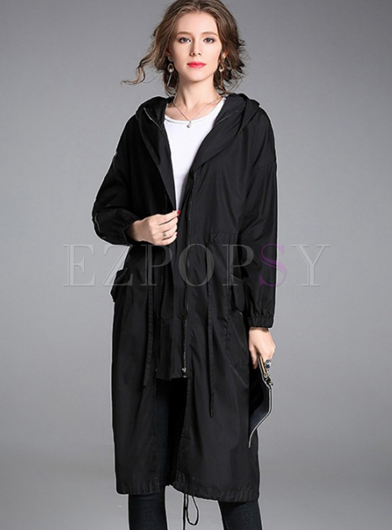 Casual Hooded With Pockets Trench Coat