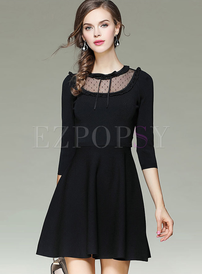 Black Elegant Tied-collar Perspective Knitted Dress