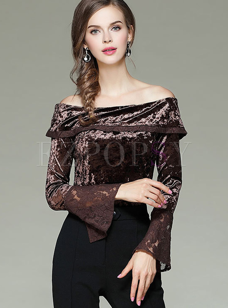 Brown Slash Neck Lace Flare Sleeve Top