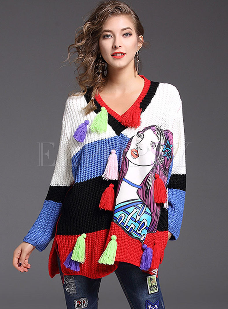 Tassel Patch V-neck Long Sleeve Knitted Sweater