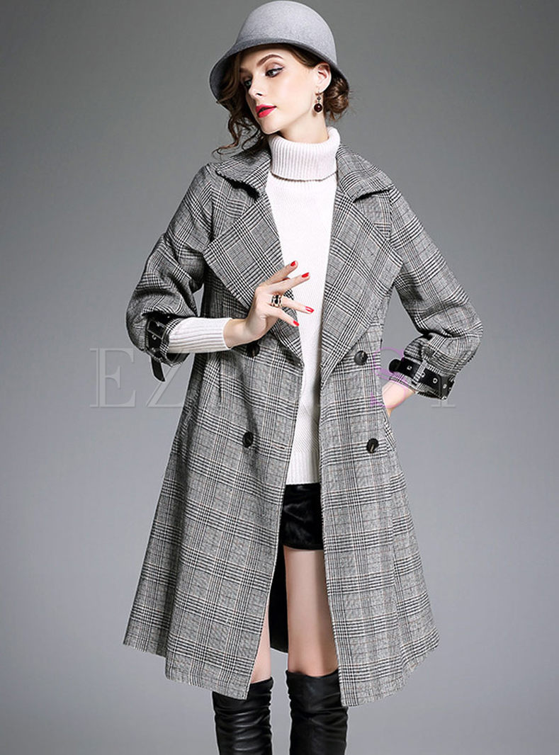 Plaid Double-breasted Turn Down Collar Trench Coat
