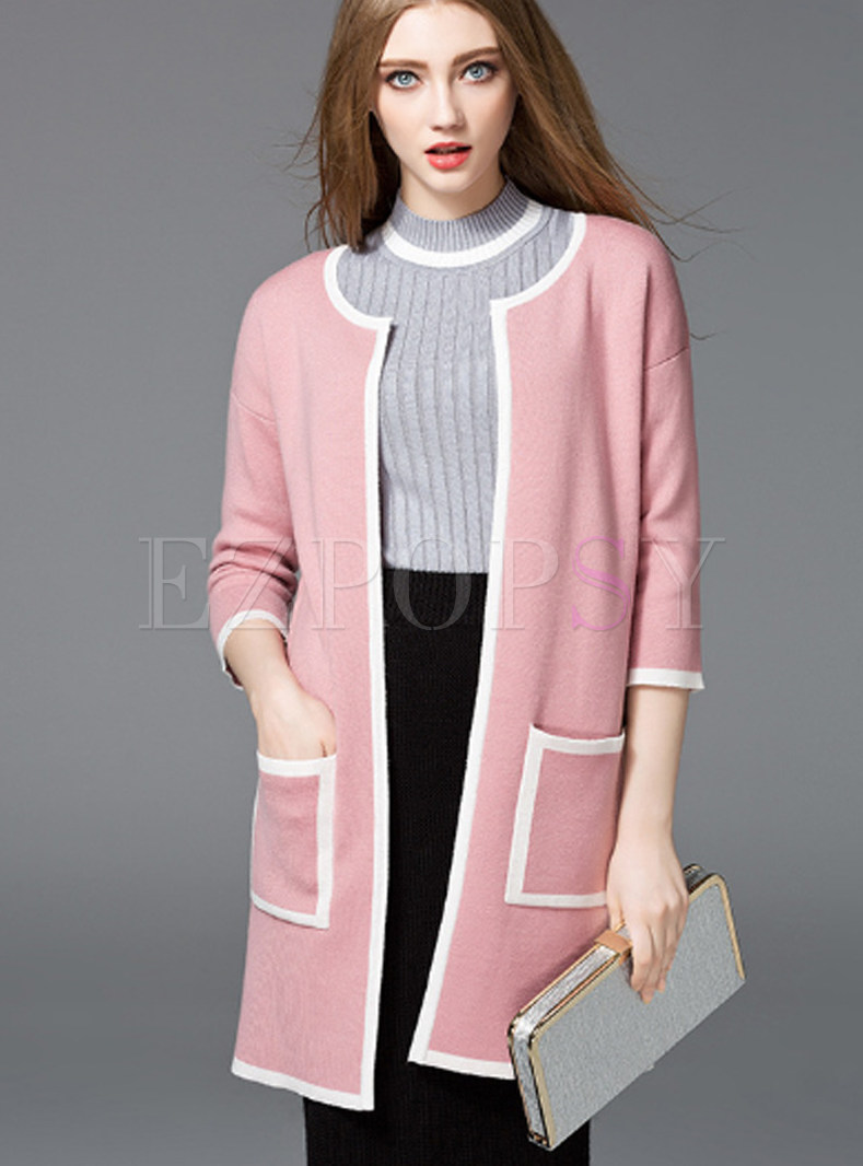 Pink Fashion Three Quarters Sleeve O-neck Coat