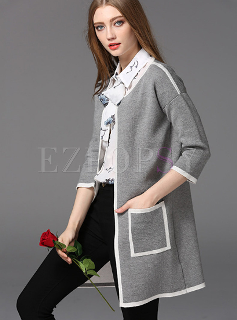 Outwear | Jackets/Coats | Grey Fashion Three Quarters Sleeve O-neck Coat