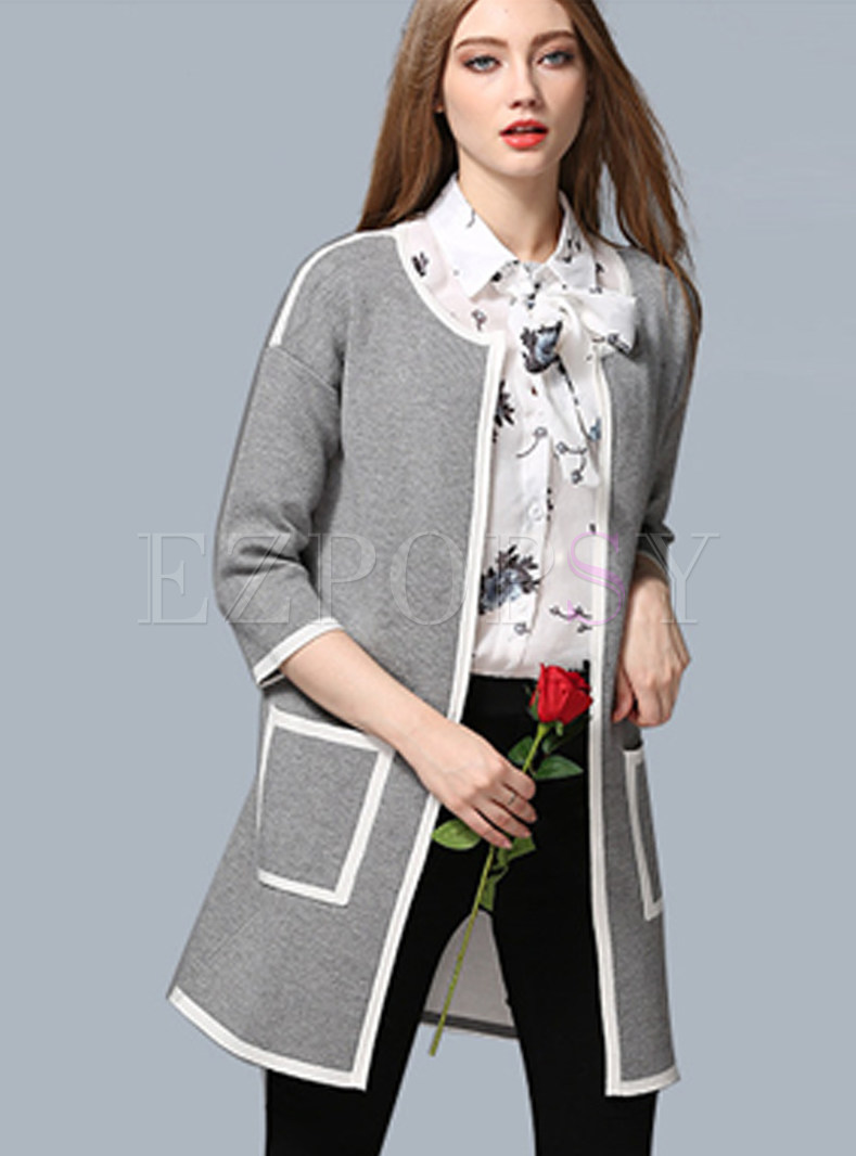 Outwear | Jackets/Coats | Grey Fashion Three Quarters Sleeve O-neck Coat
