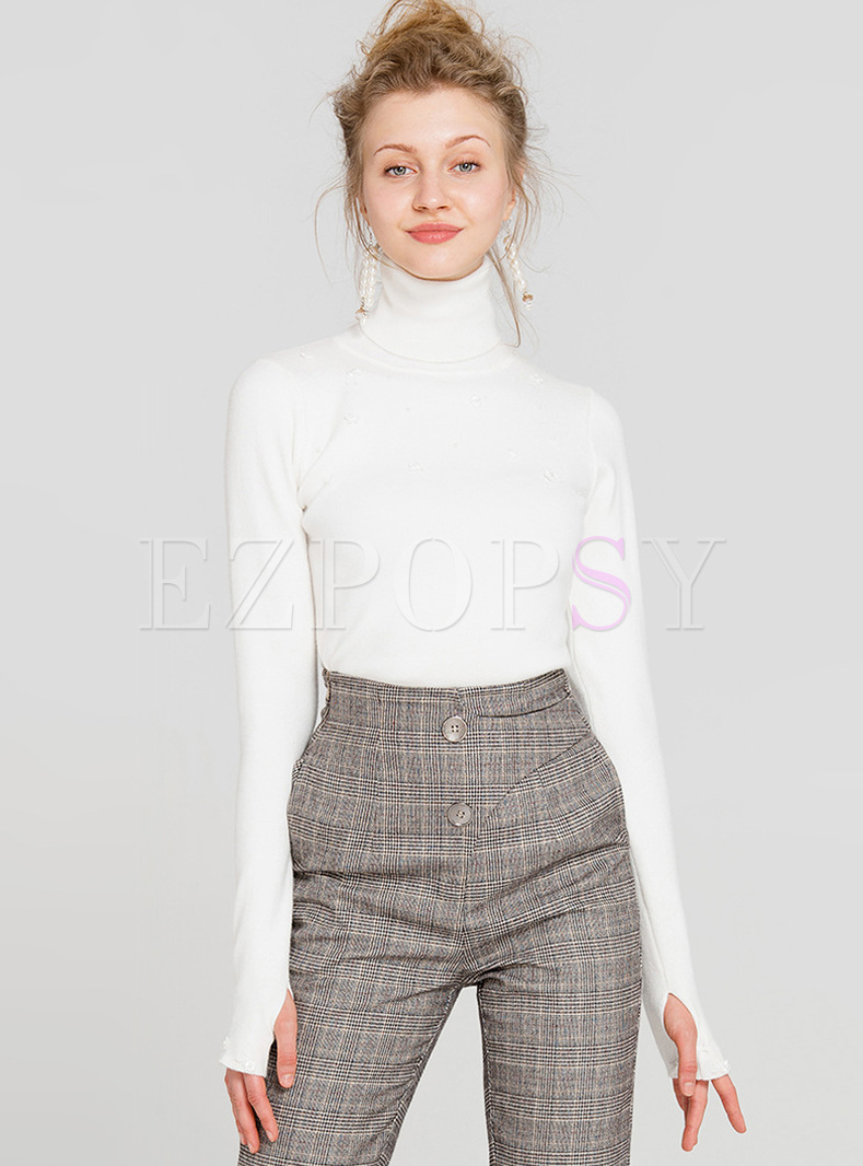 White High Neck Slim Knitted Sweater