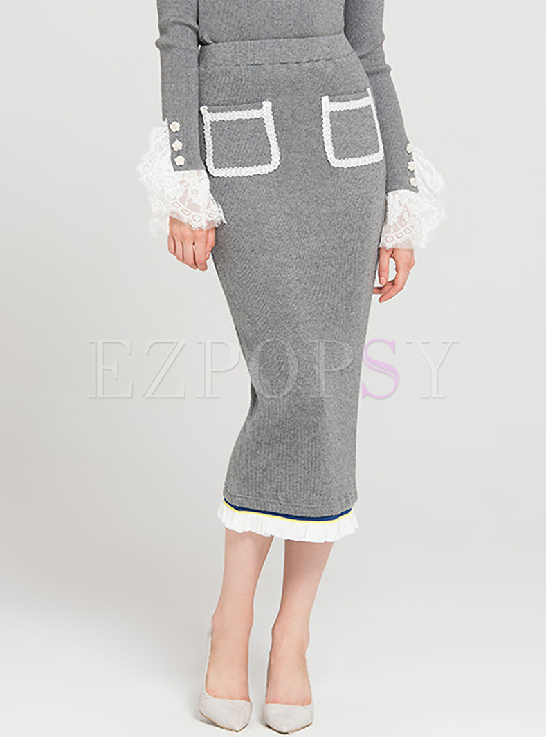 Grey Falbala Pocket Slim Knitted Skirt