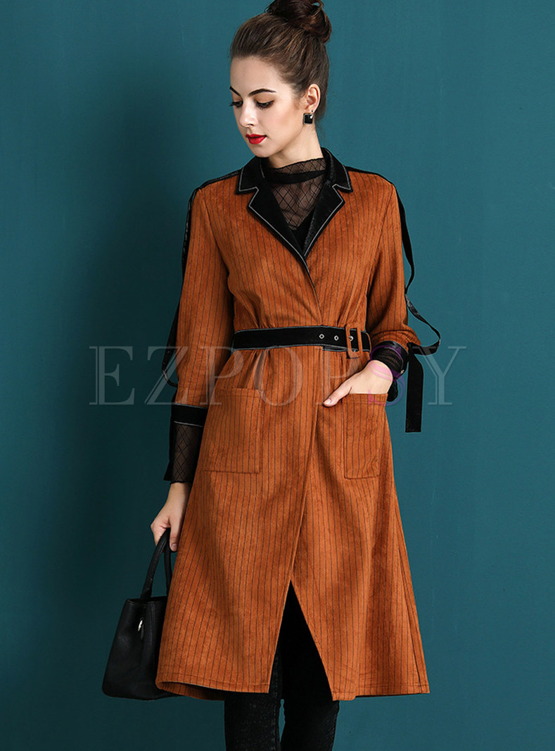Fashion Striped Belted Trench Coat