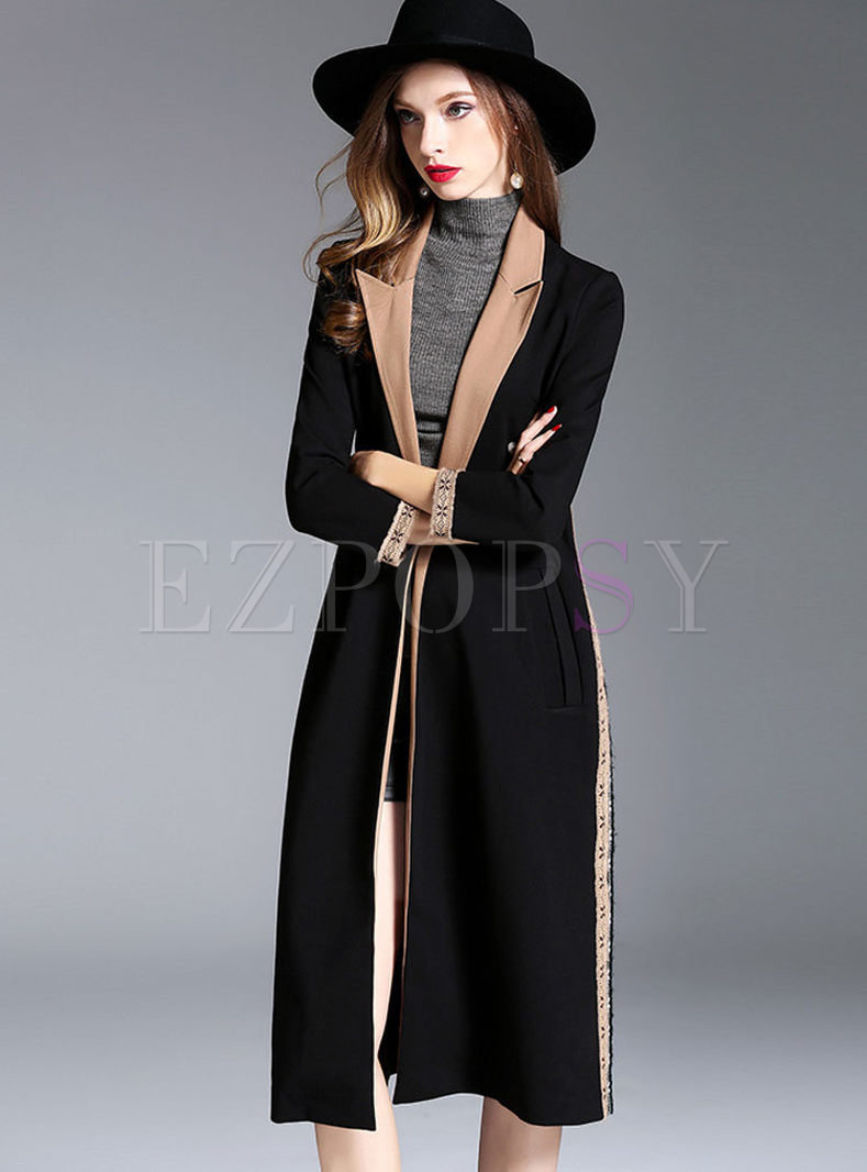 Hit Color Splicing Turn Down Collar Trench Coat