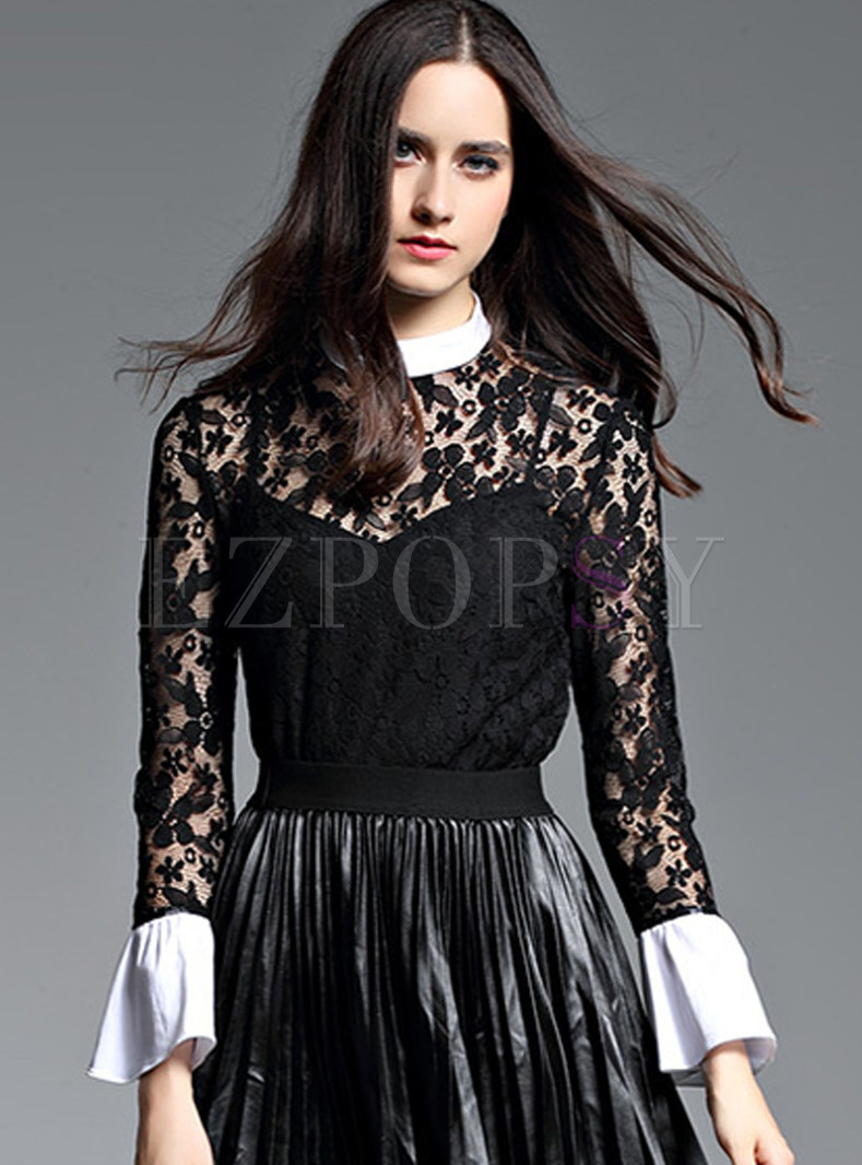 Sexy Lace Patch Stand Collar T-shirt