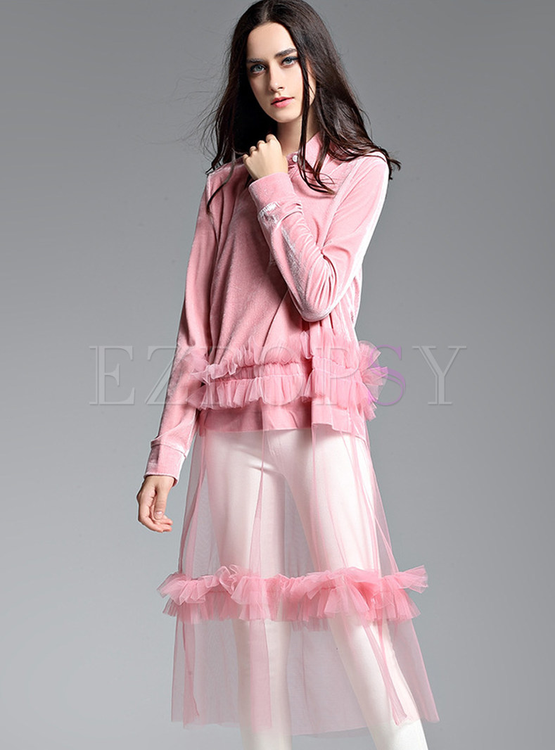 Pink Stylish Lace Patchwork Turn Down Collar T-shirt