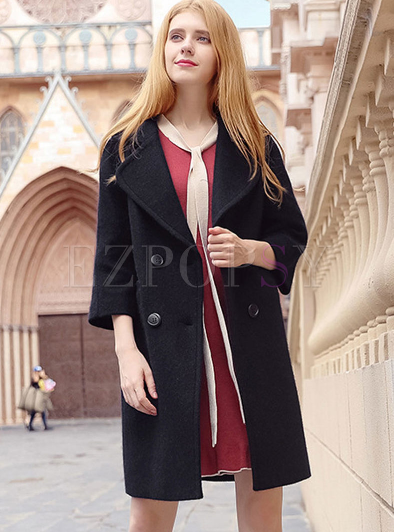 Brief Double-breasted Three Quarters Sleeve Woolen Coat