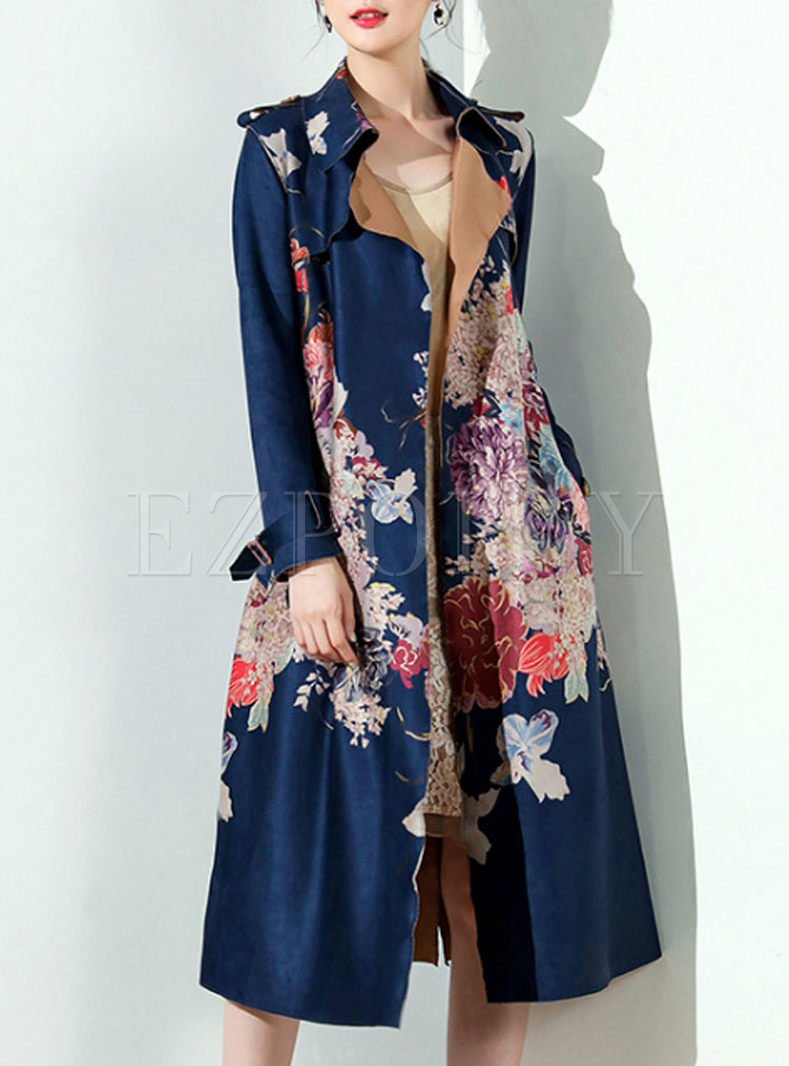 Suede Floral Print Long Sleeve Belt Trench Coat