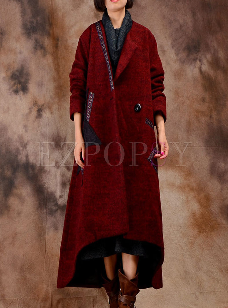 Vintage Embroidery Stitching Asymmetric Woolen Coat