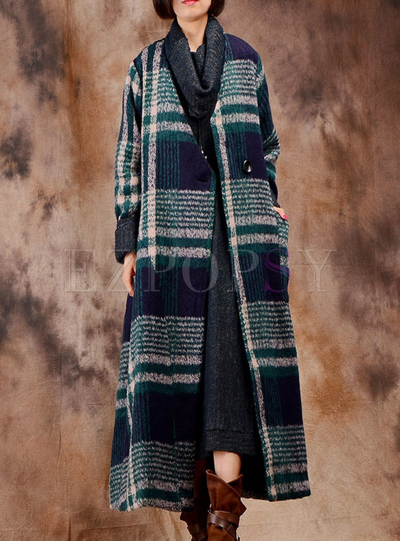 Brief V-neck Plaid Long Sleeve Woolen Coat