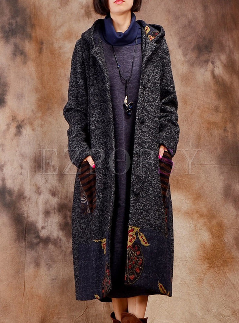 Causal Stitching Hooded Long Sleeve Woolen Coat