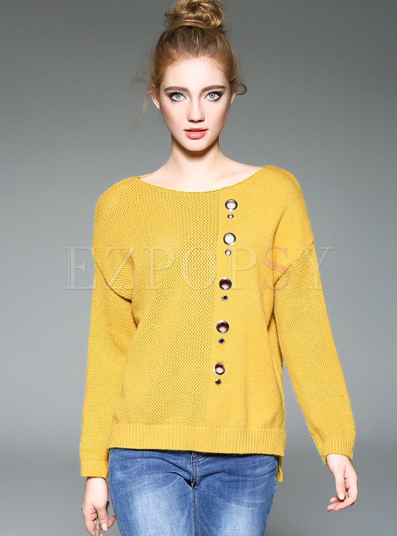 Yellow Fashion Embellished O-neck Sweater