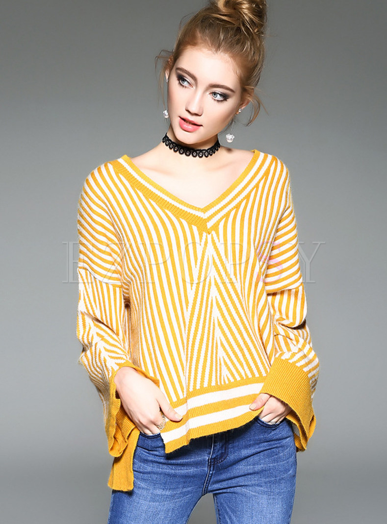 Yellow Casual V-neck Striped Sweater