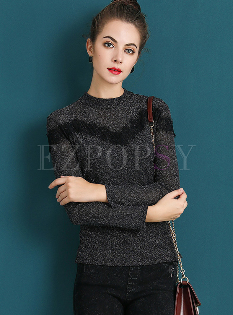 Slim O-neck Lace Patchwork Sweater