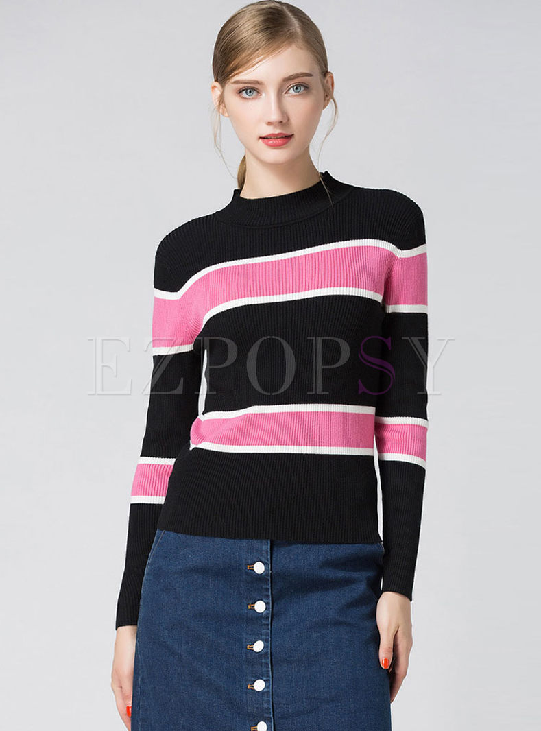 Striped Stand Collar Long Sleeve Knitted Sweater
