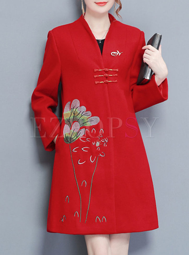 Ethnic V-neck Long Sleeve Woolen Coat
