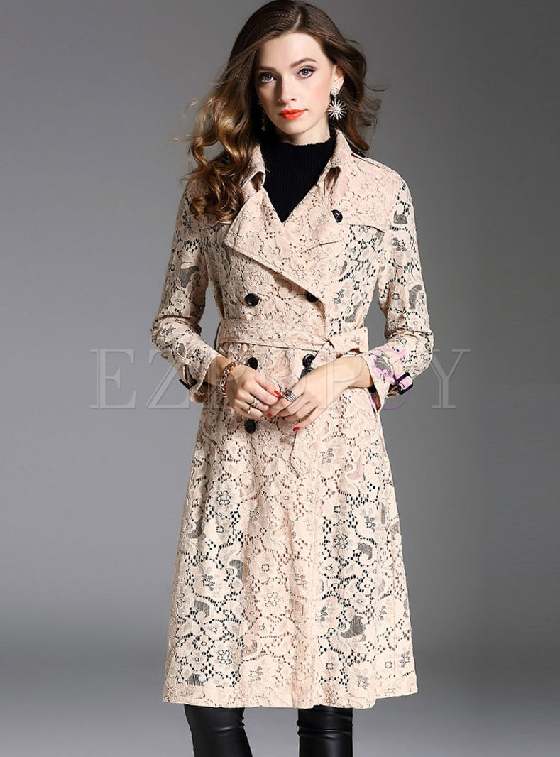 Lace Hollow Out Belt Trench Coat