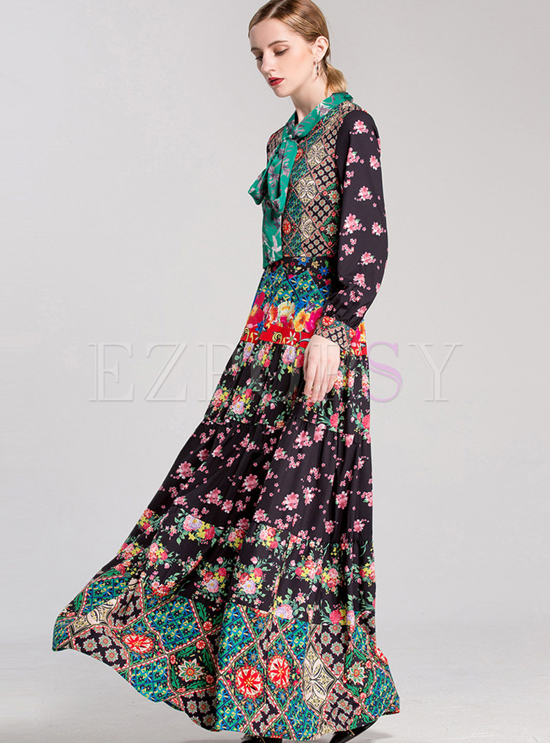 Dresses | Maxi Dresses | Ethnic Floral Long Sleeve High Waist Maxi Dress