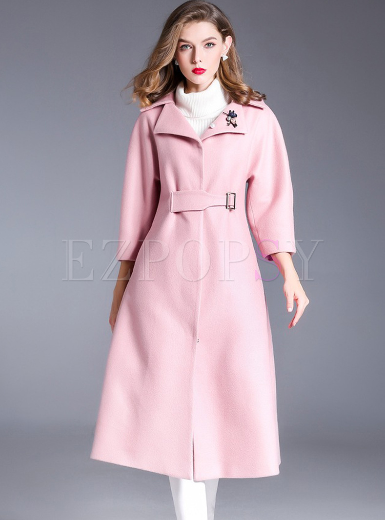 Sweet Pink Brooched Lantern Sleeve A-line Coat